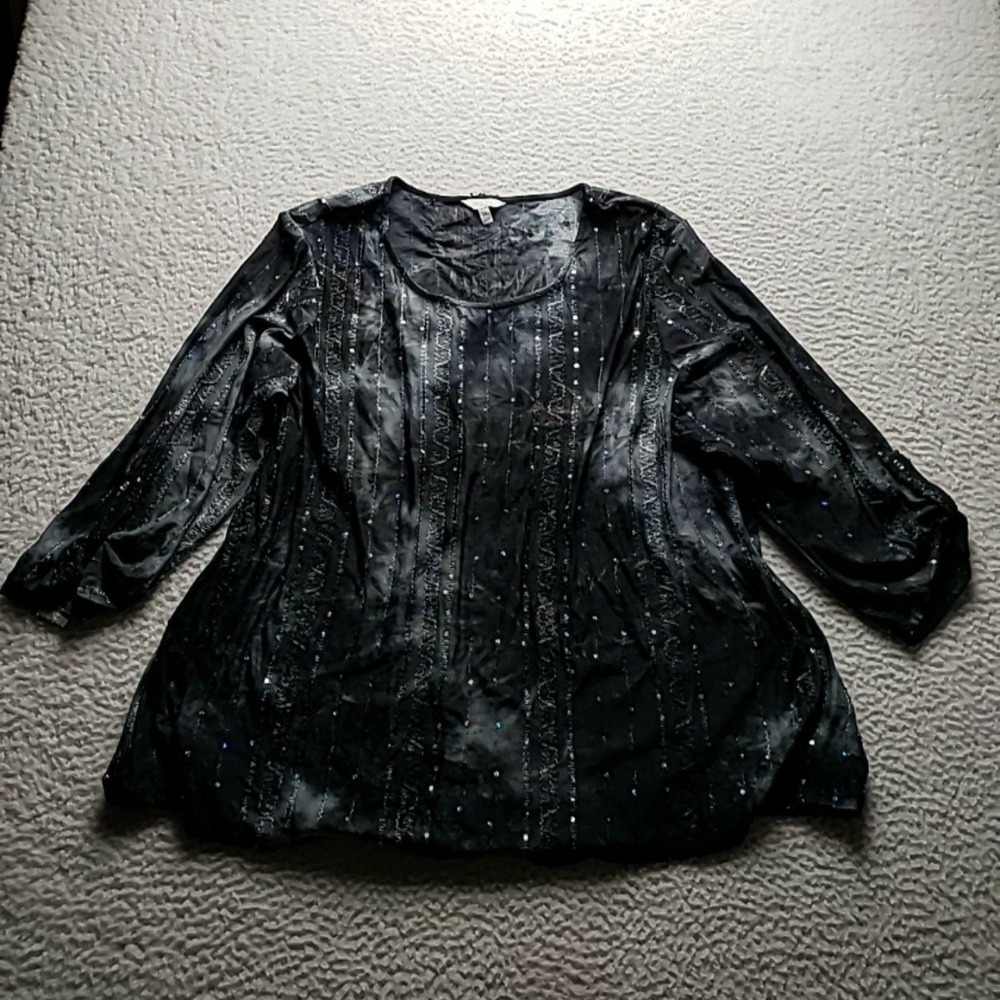 Coral Bay Blouse Womens Plus 3X Black Scoop Neck 3/4 Sleeve Sequin Tunic Top